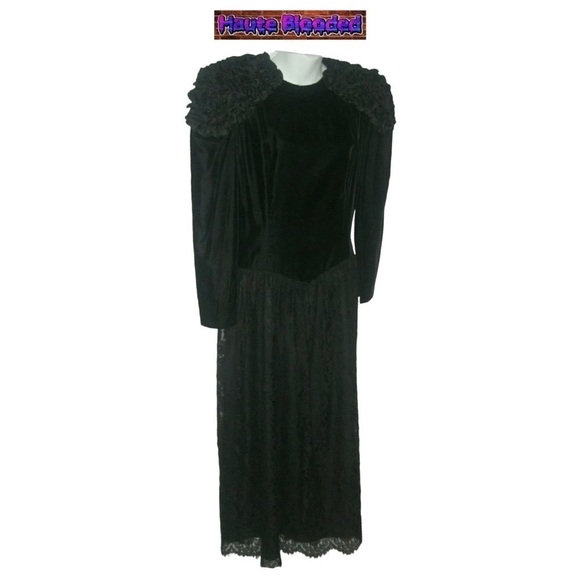 Jessica McClintock Vintage 80s Black Wedding Dress Oxblood Lace Silk Velvet Goth - Picture 2 of 13